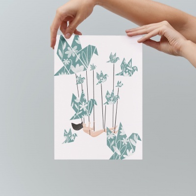 Ilustração de pipas verdes com flores em folha de papel branco