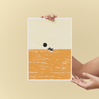 Ilustração minimalista bege e laranja com formas pretas, segurada por duas mãos