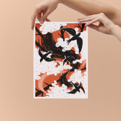 Ilustração de pássaros pretos em voo sobre fundo abstrato vermelho e branco