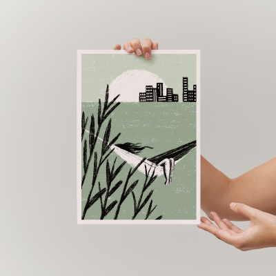 Poster ilustrado de pessoa numa rede com plantas e edifícios ao fundo