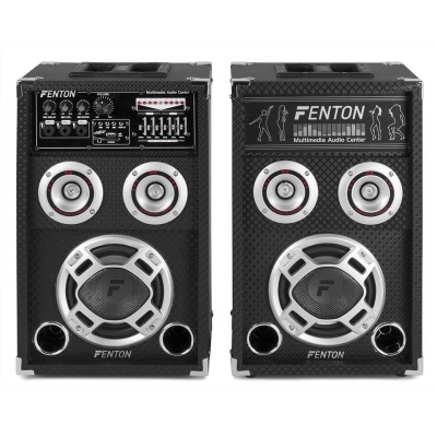 Par de colunas de áudio multimédia pretas FENTON com detalhes prateados e painéis de controlo