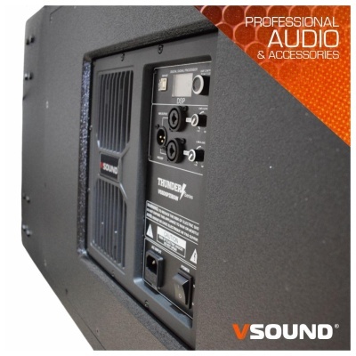 Caixa de som profissional preta com painel de controlo e texto VSOUND