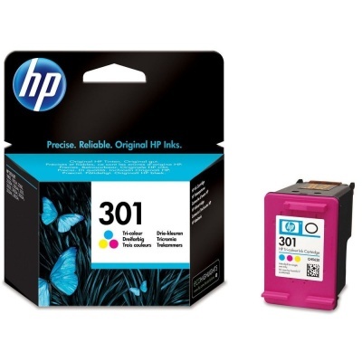 Cartucho de tinta HP 301 a cores com embalagem preta e azul e cartucho cor-de-rosa