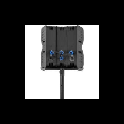 Difusor de som preto com botões azuis e suporte