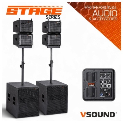 Sistema de áudio profissional VSound Stage Series com colunas e subwoofers pretos em fundo branco.