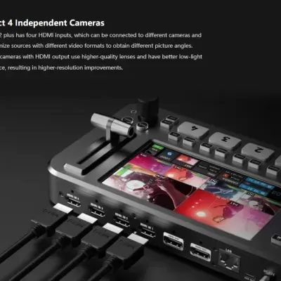 Dispositivo preto para conexão e controlo de câmeras com ecrã colorido e várias portas