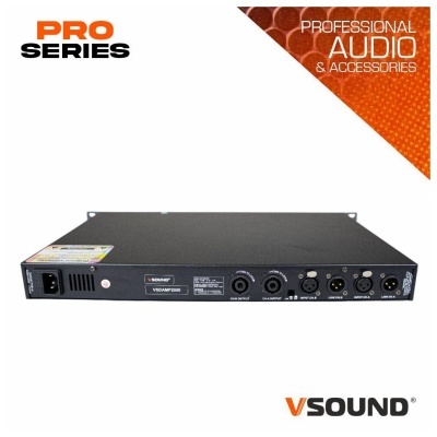 Amplificador de áudio preto com entradas XLR e jack, texto Professional Audio & Accessories