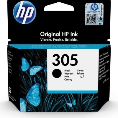 Embalagem de tinta original HP 305 preta com design de borboletas azuis