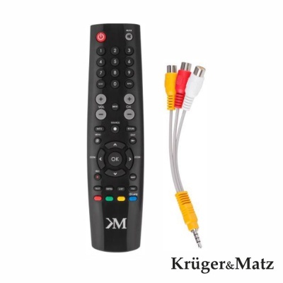 Comando remoto preto com cabo AV amarelo, branco e vermelho em fundo branco