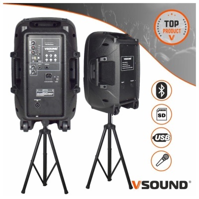 Colunas VSound em tripés com ícones de funcionalidades e selo de 'Top Product'