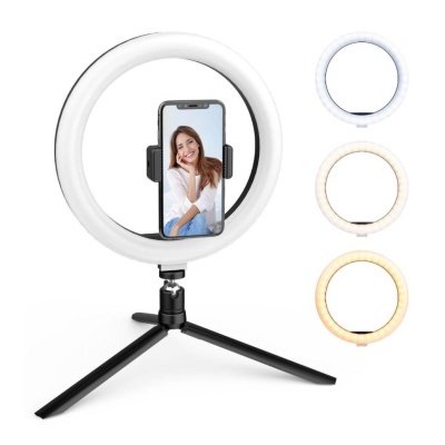 Anel de luz branco com tripé e telemóvel no suporte