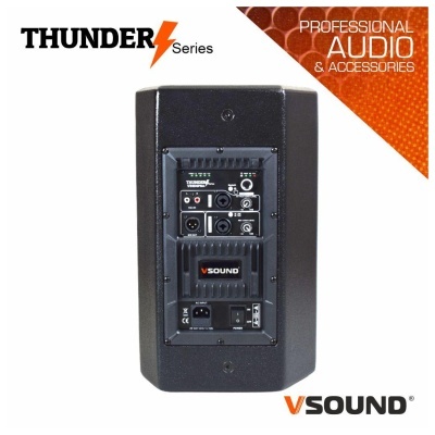 Monitor de áudio profissional preto da série Thunder, VSound, vista traseira com entradas e controlos