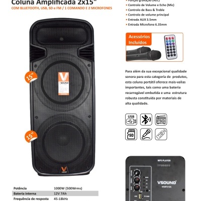 Coluna amplificada VSOUND preta 2x15 com comando remoto