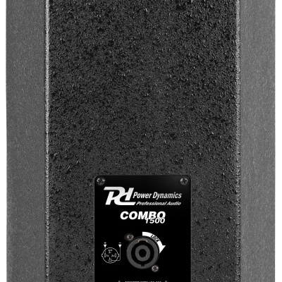 Coluna de som preta texturizada com placa preta com texto e conexões