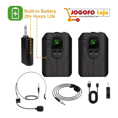 Conjunto microfone sem fio preto com transmissores, microfones e acessórios.