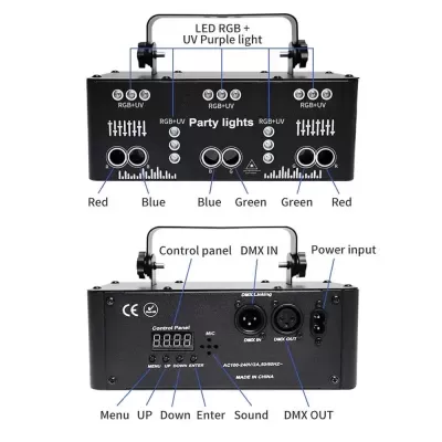Dispositivo de luz para festas preto com LEDs RGB+UV, botões e entradas DMX.