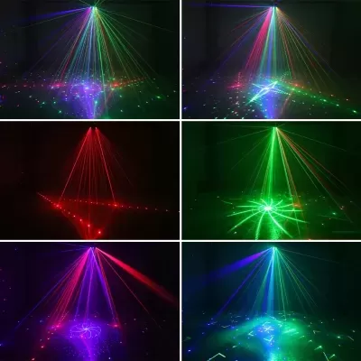 Padrões de luzes laser coloridas em ambientes escuros formando formas de estrela