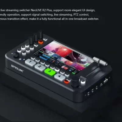 Switcher de transmissão ao vivo NeoLIVE R2 Plus preto com botões coloridos e ecrã LCD