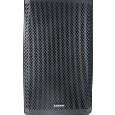 Coluna de som preta Audiomix com grelha metálica perfurada hexagonal