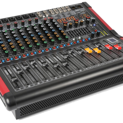 Mesa de mistura áudio profissional preta com botões coloridos e indicadores digitais