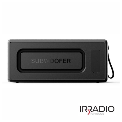 Subwoofer portátil preto com logo IRRADIO