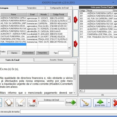Interface de software com lista de contatos de agências funerárias e opções para envio de email