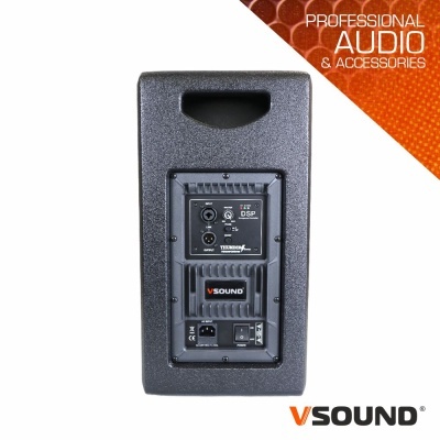 Coluna de som profissional preta com painel traseiro e logotipo VSOUND