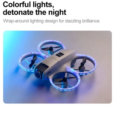 Drone branco com iluminação LED azul nas proteções das hélices