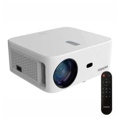 Projetor branco com lente grande e comando preto IRRADIO