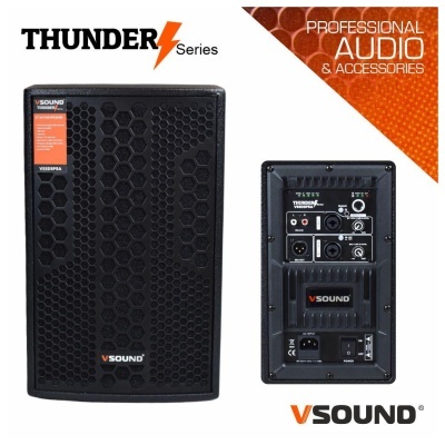 Coluna ativa VSOUND Thunder Series preta com grelha hexagonal frontal e painel traseiro com conexões e controles.