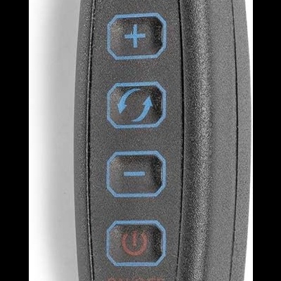 Comando negro com botões +, circular, -, e ON/OFF ligado a cabos.