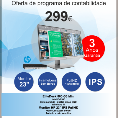 Anúncio de computador completo HP 800 G3 com monitor de 23 polegadas e garantia de 3 anos