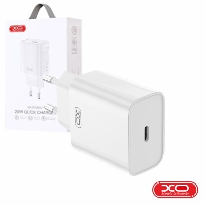 Carregador rápido branco XO 20W com USB-C e embalagem