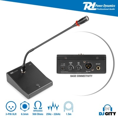 Microfone de mesa preto Power Dynamics com haste flexível e conexões detalhadas