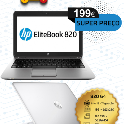 Portátil HP EliteBook 820 prateado com teclado preto em anúncio de loja JOGOFO