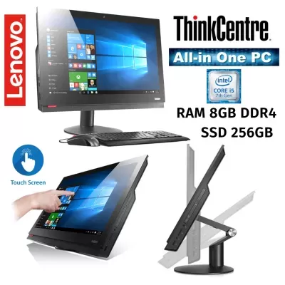 Computador All-in-One Lenovo ThinkCentre com ecrã tátil e especificações técnicas em destaque