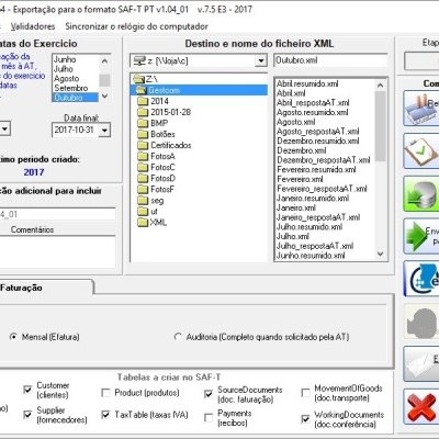Tela do software GestCom64 para exportação SAF-T com várias opções e listas de ficheiros