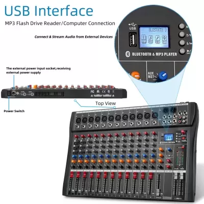 Mesa de mistura de áudio com canais, botões coloridos, entradas variadas e ecrã digital com Bluetooth e USB.