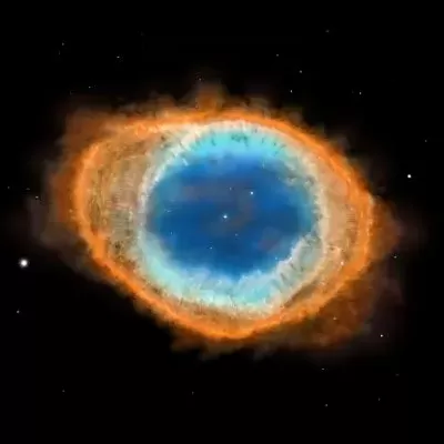 Nebulosa circular com anéis azuis e alaranjados no espaço