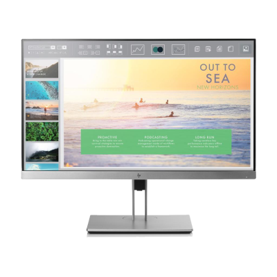 Monitor HP com apresentação digital sobre surf e texto em inglês