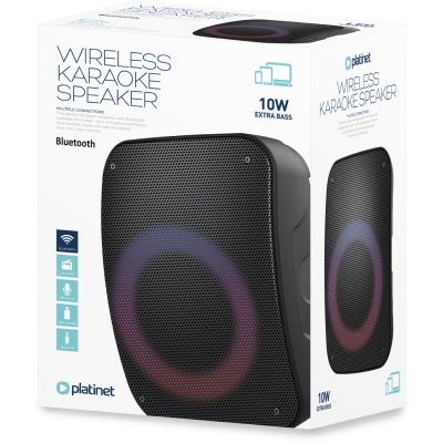 Coluna portátil preta wireless para karaoke com iluminação LED circular numa embalagem branca