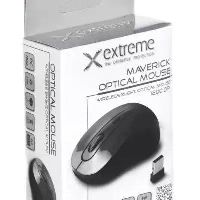 Embalagem do rato ótico wireless Maverick da Extreme preto e cinza