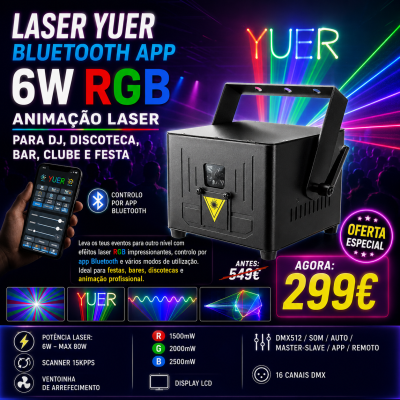 Projetor laser RGB preto com controlo por app Bluetooth e luzes coloridas em fundo de festa