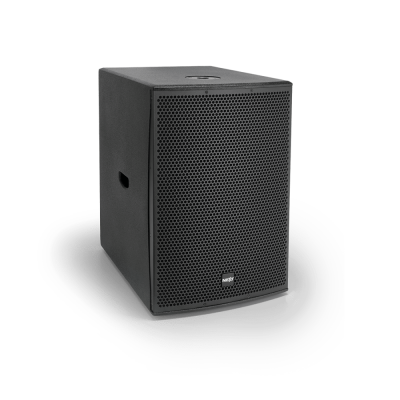 Coluna de som preta tipo cubo com grelha perfurada e logótipo HK AUDIO