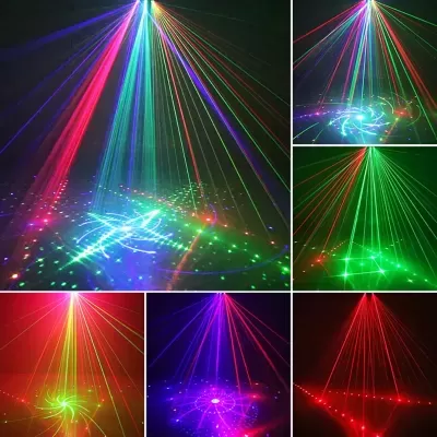 Luzes laser coloridas formando padrões e feixes em ambientes escuros.