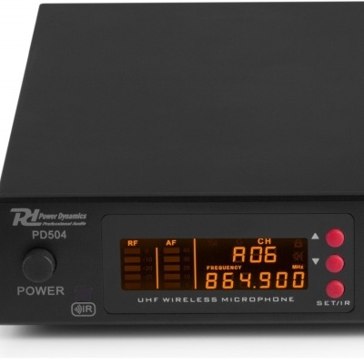 Recetor UHF wireless preto para microfone com display laranja e botões vermelhos e pretos