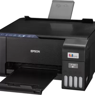 Impressora Epson preta com tinteiros visíveis e painel de controlo