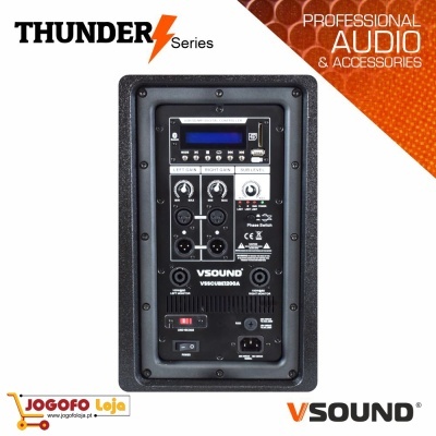 Painel traseiro de caixa de som preta com entradas, botões e texto da série THUNDER da VSound