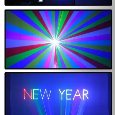 Projeções de luzes multicoloridas formando palavras e padrões, controladas por telemóvel