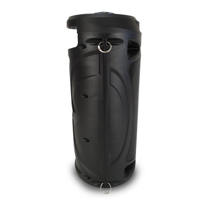 Coluna de som portátil preta com argolas metálicas